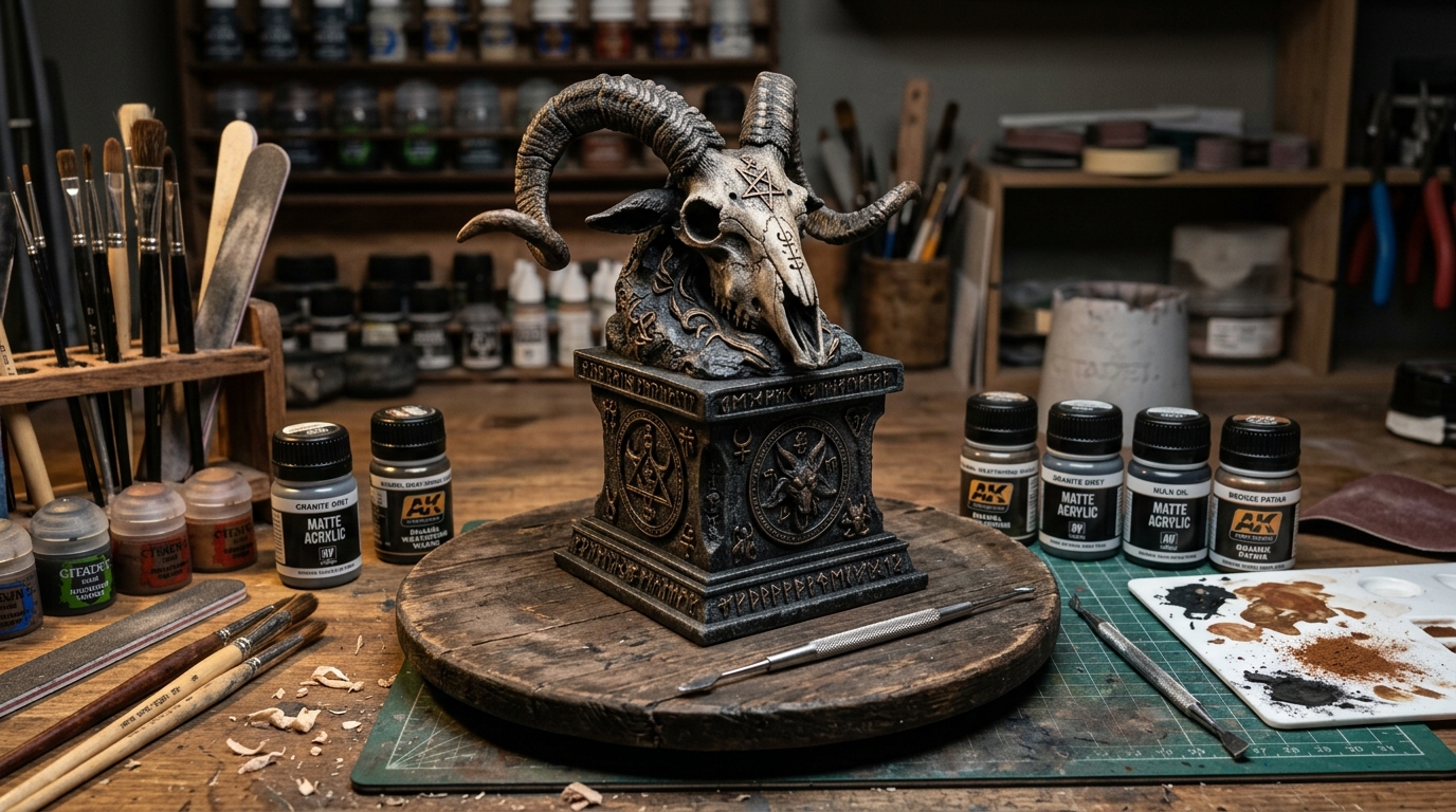 Finished Baphomet altar sculpture with multi-layer primer and stone texturing