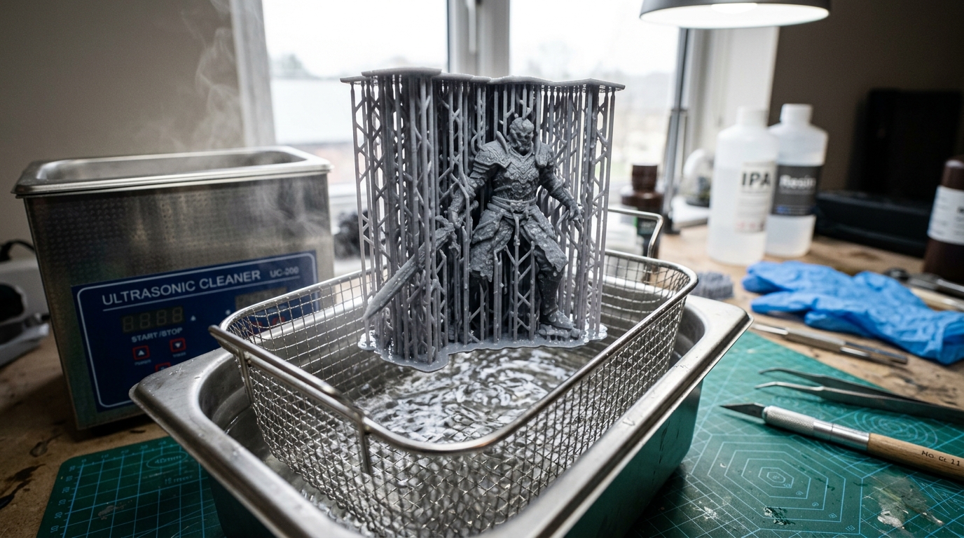 Raw UV resin 3D print prepared for thermal conditioning and support removal